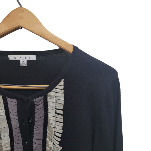 CAbi 172 Black Fringe Tuxedo Cardigan M Cotton Cashmere Quietlux Layering Piece - Picture 8 of 9